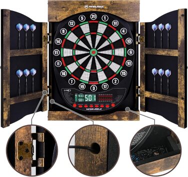 Професійний набір електронних дротиків WIN.MAX з 354 варіантами, 3 мови німецька, англійська, французька, для 1-8 гравців з 12 дротиками, коричневий