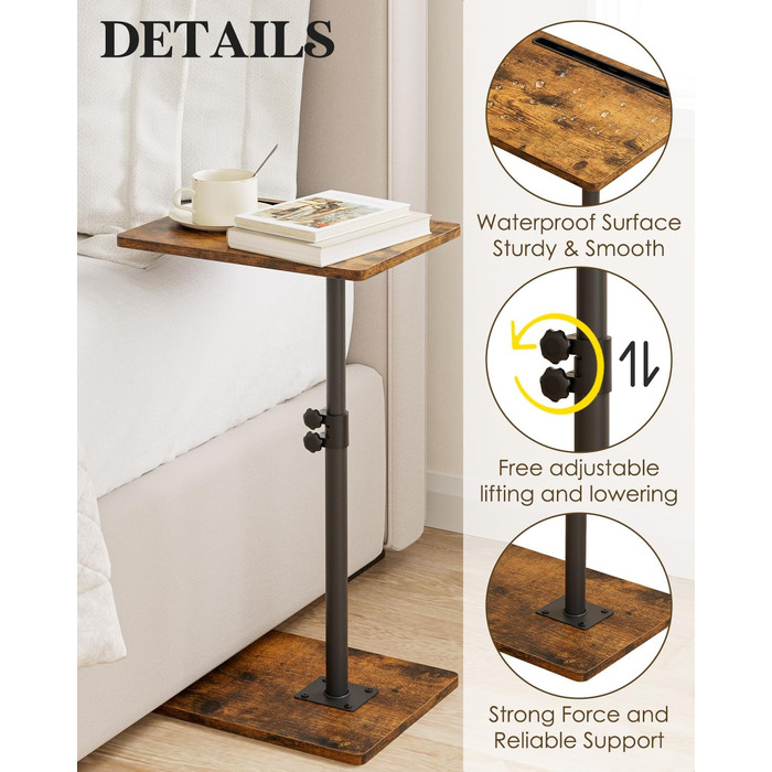 С-подібний журнальний столик, обертовий на 360, невеликий, регульований по висоті диванний столик, 40x30x(45-81) см, дерев&39яний журнальний столик/столик для ноутбука для спальні, вітальні, офісу (колір рустик-коричневий)