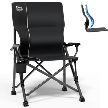 Складане кемпінгове крісло TIMBER RIDGE, вантажопідйомність 150 кг, регульована поперекова опора, складне крісло з підсклянником, сумка для перенесення, крісло для риболовлі, складне крісло, крісло з високою спинкою для кемпінгу, саду, балкону, пікніка, ч