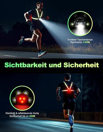 Біговий ліхтар для бігу, нагрудний ліхтар альтернатива налобному ліхтарю, 500 люмен, нахил 45, 2 кольори світла, заряджання через USB-C, IPX4, подвійний ремінець із відбивачами на 360 для кемпінгу, активного відпочинку на свіжому повітрі, їзди на велосипе