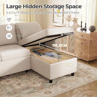 Диван-ліжко 3-в-1, Розкладний шезлонг-диван, Шкіряний диван-ліжко з місцем для зберігання, USB-портами та підставками для чашок, Розкладний диван для вітальні та квартири, Бежевий