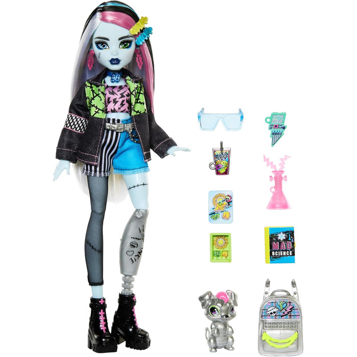 Лялька Monster High Френкі Штайн у джинсовій куртці та шортах, також включає її собаку Вотзі та аксесуари, такі як рюкзак, перекус та блокнот, HXH73