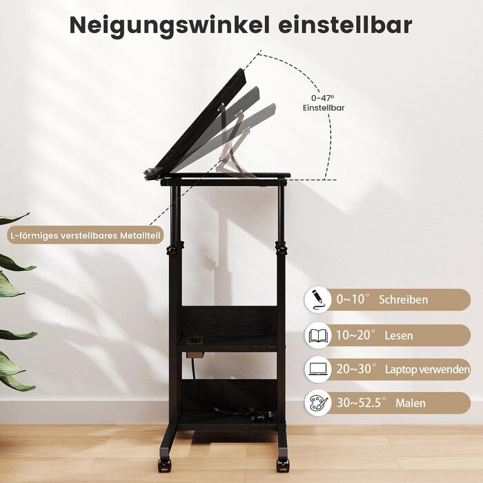 Приставний столик Hadulcet, С-подібний приставний столик з колесами, регульована стільниця, журнальний столик з розеткою, регульований по висоті диванний столик, столик для ноутбука для вітальні та спальні, чорний