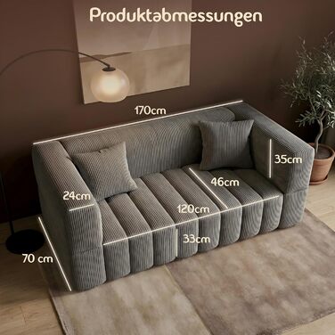 Місний вельветовий диван RUMMY, м&39який безкаркасний диван з піною з ефектом пам&39яті високої щільності, зручний диван для вітальні та спальні, сірий, 2-