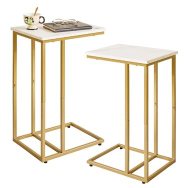 Комплект із 2 приставних столиків для вітальні, приліжковий столик, столик для ноутбука, приставний столик до дивана, підходить для спальні, вітальні, дерев&39яні дошки кольору білого мармуру із золотим металевим каркасом, YD-TM051G-2 2 білі мармурові та 