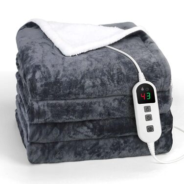 Електрична ковдра з автоматичним вимкненням, 10 налаштувань температури, таймер автоматичного вимкнення до 9 годин, фланель та шерпа, 160 x 130 см, можна прати в пральній машині, захист від перегріву, ковдра з підігрівом для дивана-ліжка, офісна, 160x130 