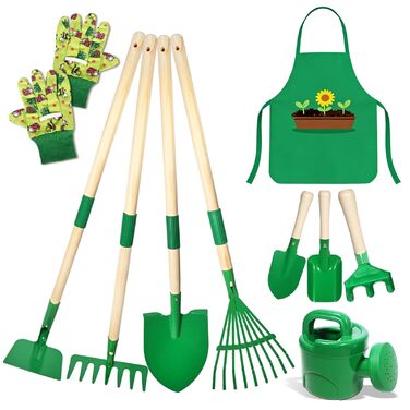 Набір дитячих садових інструментів (10 шт.) металевий набір з лопаткою, граблями, вилами, рукавичками, фартухом, лійкою, повний комплект для ігор у саду, на подвір'ї та газоні (зелений)