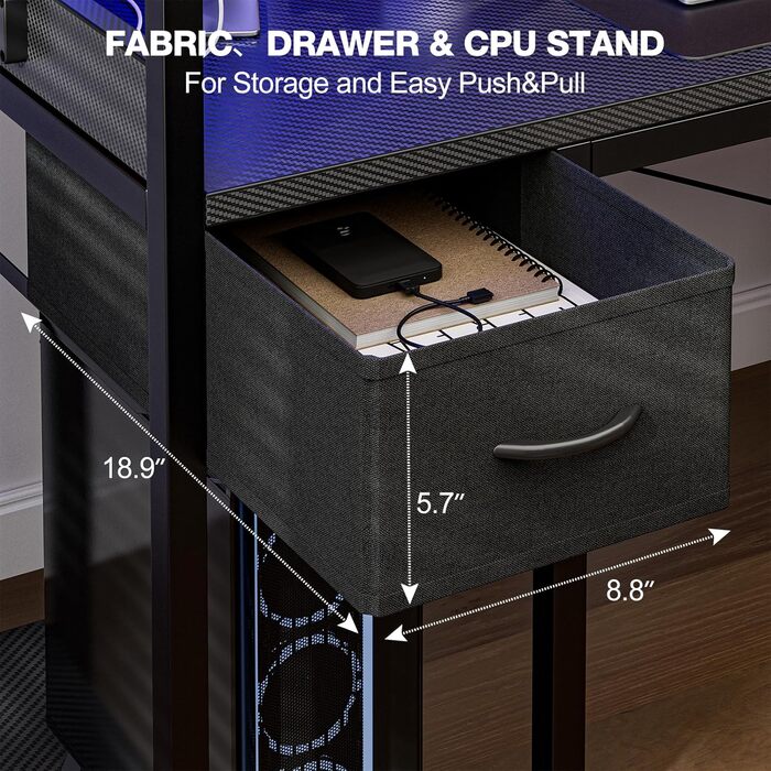 Ігровий стіл Grandder, ігровий стіл 100 см з розеткою та світлодіодним освітленням, комп&39ютерний стіл з двосторонніми полицями та шухлядою, ПК-стіл для домашнього офісу з відділенням для зберігання, чорний колір, 100 x 50 см, чорний колір