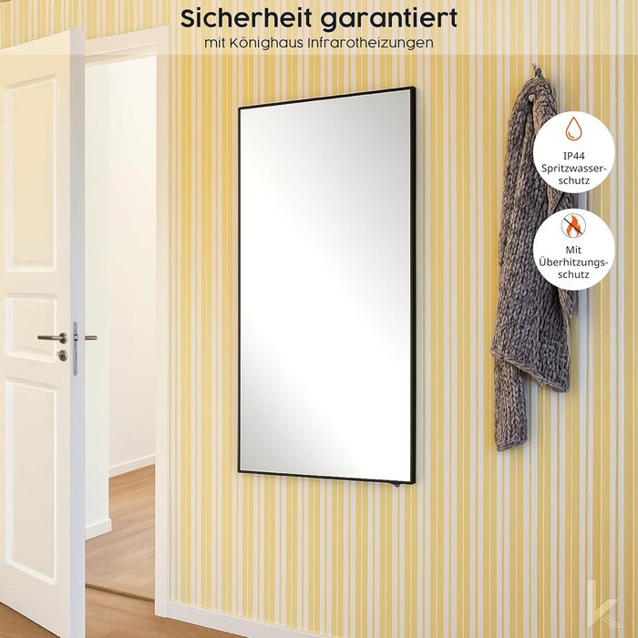 Інфрачервоний обігрівач для дзеркала Knighaus - 600 Вт з термостатом - Енергозберігаючий обігрівач дзеркала та 5-річна гарантія - Інфрачервоний настінний обігрівач з чорною рамкою - Нагрівається за 2 хвилини 600 Вт Колір рами Чорний