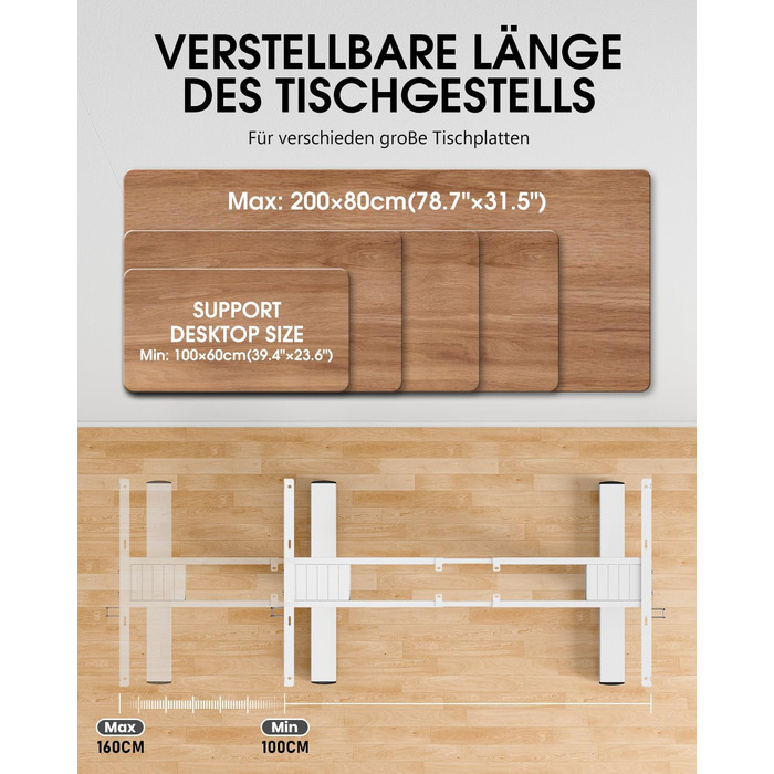 Каркас столу з регулюванням висоти, 2 потужними двигунами, 3 налаштуваннями пам&39яті та нагадуванням про можливе кріплення сидячи/встаючи, функцією захисту від зіткнень, вантажопідйомністю 150 кг, портом USB-C, 2 гачками, білий колір