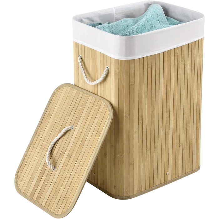 Бамбуковий кошик для білизни Juskys Curly Natural 72 л - Гігієнічний та складаний кошик для білизни з кришкою, ручкою для перенесе