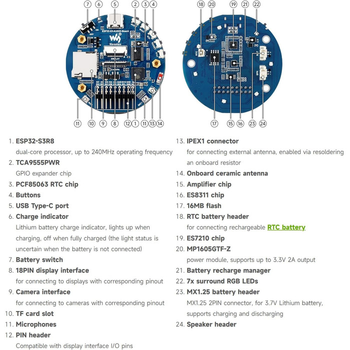 Плата розробки Waveshare ESP32-S3 зі штучним інтелектом, два мікрофони, шумозаглушення, RGB-підсвічування, підтримка зовнішнього дисплея та камери