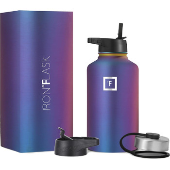 Спортивна пляшка для пиття Iron Flask - 1,8 л, 3 кришки (солом'яна кришка), герметична, з вакуумною ізоляцією з нержавіючої сталі,