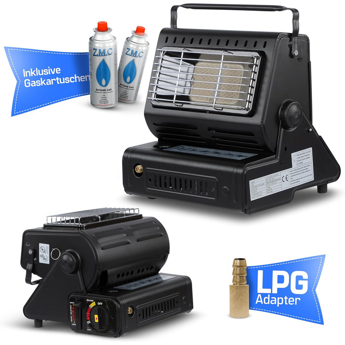 Портативний керамічний газовий обігрівач та плита ZMC 2-в-1 1,3 кВт, з підключенням для зрідженого газу 20 газових картриджів, кемпінгова плита з п&39єзорозпалом, кемпінговий обігрівач, газовий обігрівач для використання на вулиці, в наметах, на терасах, 