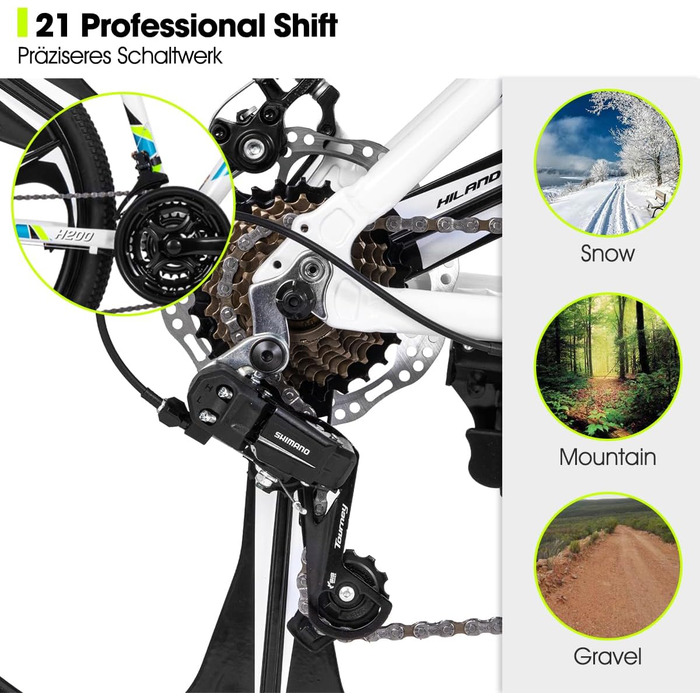 Гірський велосипед для дорослих HILAND H200 26 дюймів, 21 швидкість, подвійні дискові гальма, колеса 3/6 спиць, алюмінієва рама, чоловічий та жіночий велосипед, доступні різні кольори білий - 6 спиць