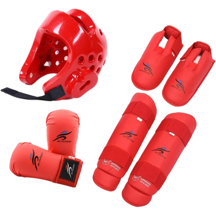 Комплект спорядження для спарингу карате, боксерський головний убір із щитками для гомілок, боксерський головний убір для карате, червоний, XS