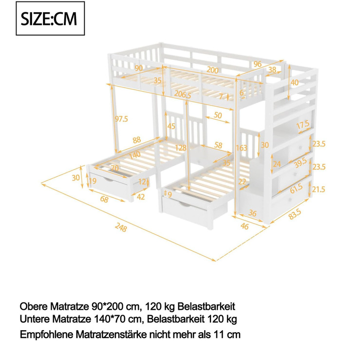 Двоярусне ліжко Billg 200x90 см для 3 дітей, дитяче ліжко із захистом від падіння, ліжко-горище з висувними ящиками, тумбочками і