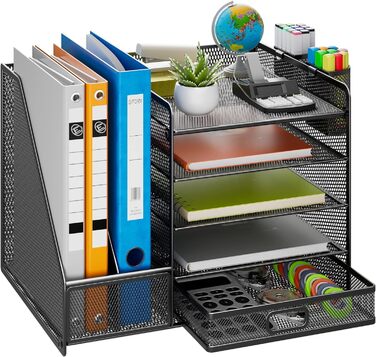 Сітчастий настільний органайзер з вертикальним тримачем для файлів, 5-ярусним лотком для паперу з висувною шухлядою та 2 тримачами для ручок, настільний органайзер з тримачем для журналів для офісного приладдя Black1