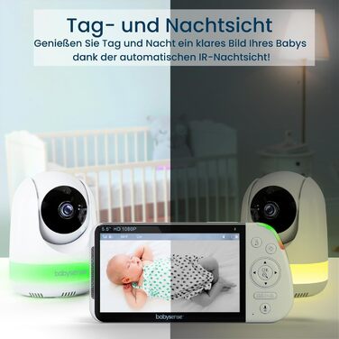 Монітор Babysense із камерою та 5,5-дюймовим дисплеєм із розділеним екраном 1080p Full HD, 2 камери, нічник RGB, велика батарея 50