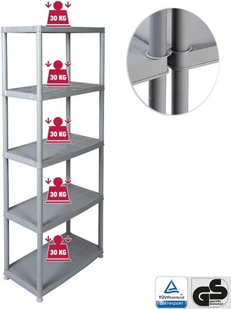 Пластиковий стелаж Kreher, безболтові стелажі, стійка для зберігання сірого кольору. Максимальне навантаження 150 кг. 71 x 38 x 171 В см. Сертифіковано TV Rheinland.
