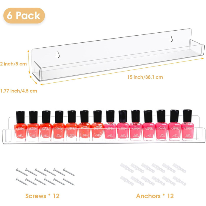 Настінна полиця для акрилового лаку для нігтів з 6 предметів, стійка для фарб, настінна косметична вітрина з протиковзкими вставками, на 90 флаконів (15 дюймів)