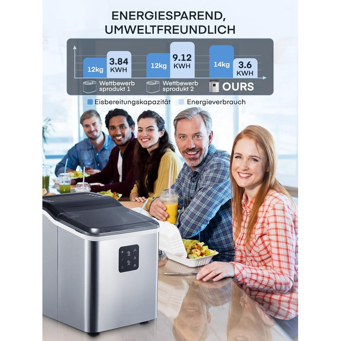 Переможець тесту машини для кубиків льоду 14 кг Льодогенератор Самоочисний льодогенератор, 2 розміри кубиків льоду, час виробництва 6 хв, тиха машина для приготування кубиків льоду до 40 дБ, інфрачервоний датчик, нержавіюча сталь, NORTHCLAN