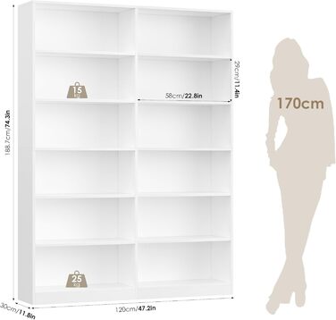Книжкова полиця FirFurd з 12 відділеннями, книжкова шафа, окремостояча полиця, полиця для зберігання речей для вітальні, офісу, кухні, 120 x 30 x 188,7 см, білий