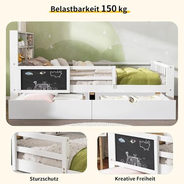 Дитяче ліжко 90x200, дерев&39яне ліжко з шухлядами та дошкою для малювання, узголів&39я з книжковою полицею та поручнями, ліжко з рейковою основою та місцем для зберігання речей, дитяче ліжко, функціональне ліжко, дерев&39яний каркас ліжка, без матраца, б