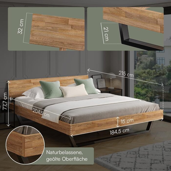 Ліжко Skølm Alver з масиву дерева 180x200 см каркас ліжка з масиву дуба, обробленого олією дерев&39яне ліжко з чорними металевими ніжками високоякісне ліжко з однією опорою для узголів&39я каркас ліжка, що підходить як двоспальне ліжко 180x200 см, узголів