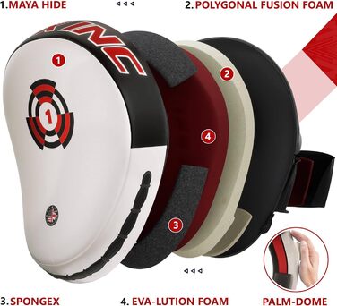 Накладки RDX для бойових мистецтв, боксу, тренувань змішаних бойових мистецтв, шкіра майя, боксерські лапи, лапи для ударів, кікбоксинг, білий/чорний, тренажерні лапи, лапи для ударів руками, боксерський лап, ударні подушки для тхеквондо та муай-тай, біли