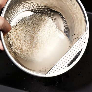 Миска для рису REISHUNGER з нержавіючої сталі (чорна) - Друшляк для миття рису та овочів - З нековзною силіконовою ніжкою