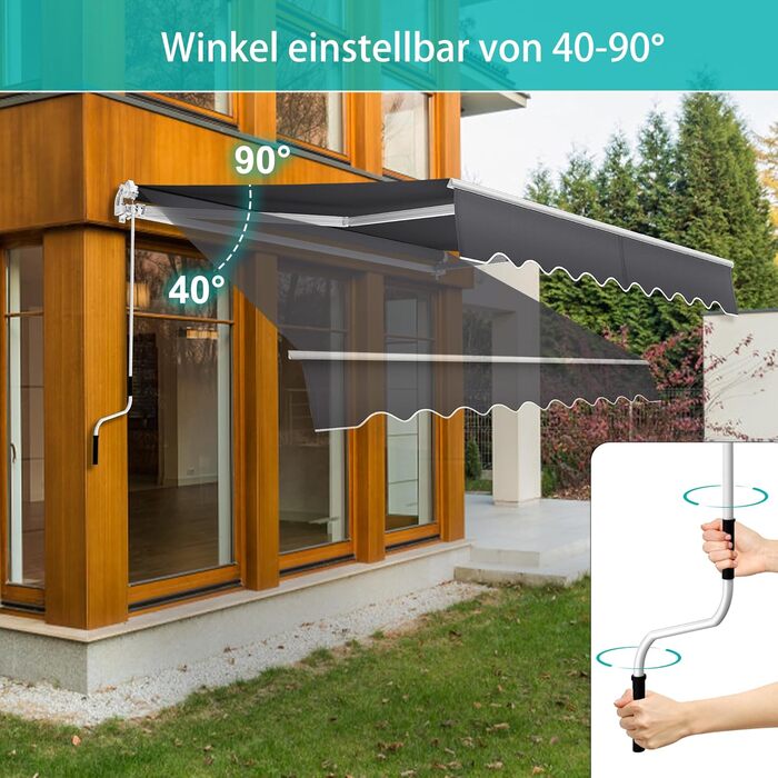 Тент на балкон з кріпленням на скобах, сонцезахисний козирок, складний тент з ручним приводом, сонцезахист, водонепроникний, пилонепроникний, регульована висота (темно-сірий, 3 * 2,5 м) 3 * 2,5 м темно-сірий