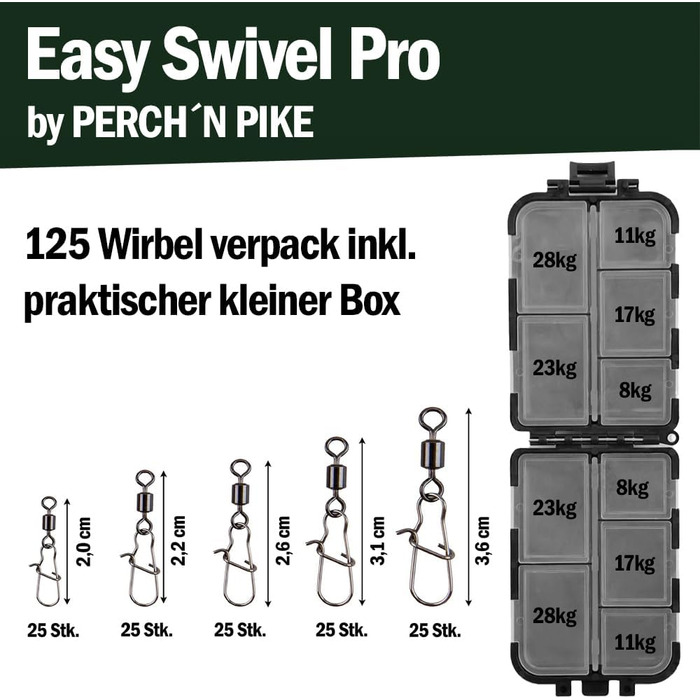 Набір рибальських вертлюжків PERCHN PIKE, включно з ящиком, Duo-Lock Snap, 8-28 кг, набір рибальських вертлюжків, набір вертлюжків 125 для спінінгової риболовлі, вертлюг рибальський з карабином для лову форелі, окуня, судака та щуки.