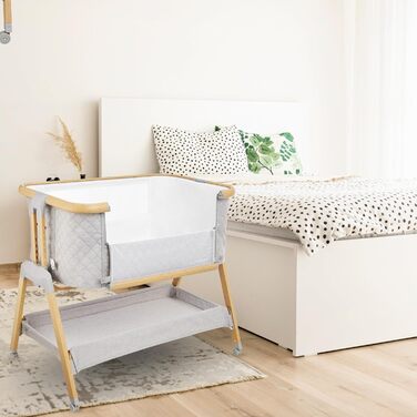 В-1 приліжкове ліжечко/дитяче ліжечко та дорожнє ліжечко з матрацом - 7-рівневе регулювання висоти, знімна бічна панель, 4 транспортні колеса, для дітей вагою до 9 кг, 3-