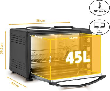 Міні-піч TZS First Austria з конфорками Ємність 45 л, 3200 Вт, конвекція, макс. 230C Деко для випікання, решітка для гриля, решітка для гриля, внутрішнє освітлення компактний для кемпінгу, гуртожитків та невеликих кухонь 45л Аналогічні