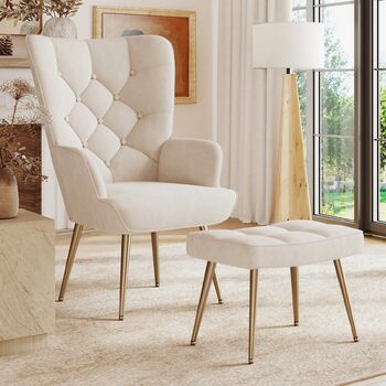 Крісло, диван для вітальні, сучасне крісло-гойдалка, реклайнер з металевими ніжками, оксамит, для вітальні/спальні, до 150 кг (кремовий, з підставкою для ніг) з підставкою для ніг, кремовий