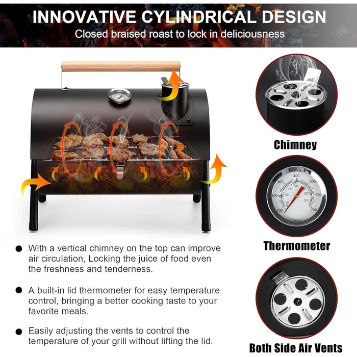 Портативний вугільний гриль для кемпінгу з кришкою, компактний настільний гриль з термометром, регульованим надходженням та виведенням повітря, для приготування їжі на відкритому повітрі, вечірок, кемпінгу та пікніків