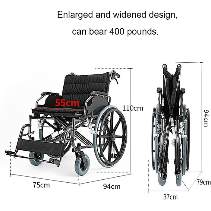 Інвалідне крісло Міцне, легке мобільне транспортне крісло, ширина сидіння 22 дюйми, вантажопідйомність 400 фунтів, з ручними гальмами, що блокуються Інвалідні візки чорні