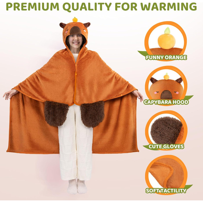Портативна ковдра Mewaii з капюшоном та рукавами, м&39яка ковдра з рукавичками, м&39яка фланелева ковдра з шерпи для жінок та чоловіків, ідеально підходить для дому, подорожей та любителів домашніх тварин, 130x158 см, капібара з помаранчевим кольором