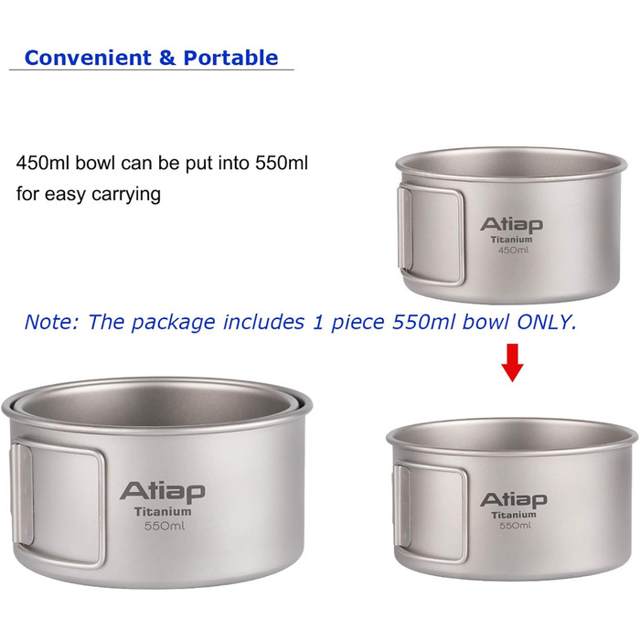 Титанова миска/каструля зі складною ручкою, одностінна титанова миска для приготування їжі зі складною ручкою для використання на свіжому повітрі, кемпінгу, походів, пікніків (550 мл)