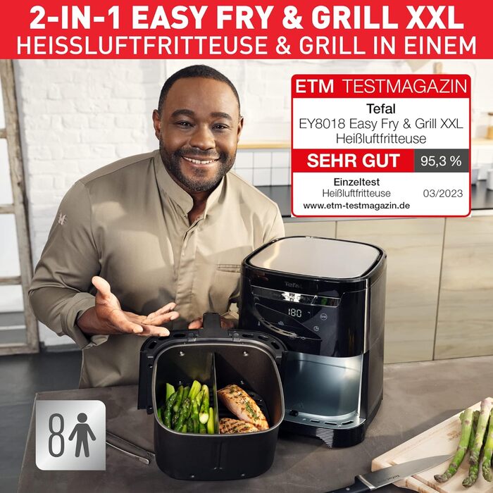 Аерофритюрниця Tefal EY8018 Easy Fry & Grill XXL 2-в-1 Аерофритюрниця та гриль Вставка Flexcook для 2 страв одночасно Здорова фритюрниця без олії енергозберігаючі 8 програм 8 осіб