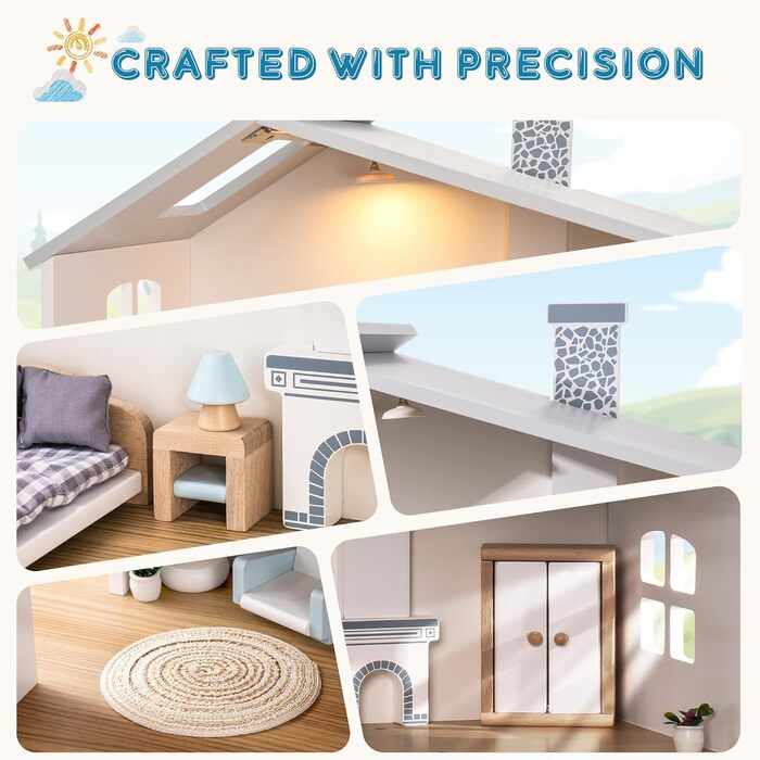 Дерев&39яний ляльковий будиночок ROBUD з підсвічуванням, 3 поверхи, включає меблі та сходи, іграшка для дітей від 3 років