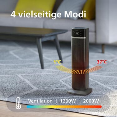 Баштовий вентилятор-обігрівач, 2000 Вт, керування за допомогою застосунку, економія енергії до 50, дисплей температури, 5 функцій безпеки, 4 режими, коливання 60, тихий, чорний/сірий (CX5120/11) Сірий баштовий вентилятор-обігрівач, 2000 Вт, 5000