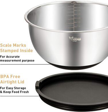 Набір мисок для змішування з 5 шт. , нержавіюча сталь Wildone з герметичними кришками, 3 насадки для терки, мірні мітки та нековзн