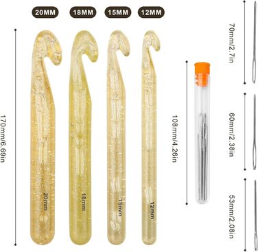 Кришталевий гачок, JANDH Великий набір гачків з 4 шт., розміри 12 мм 15 мм 18 мм 20 мм довші гачки з головкою для вязання, ергономічна зручна ручка для вязання, для товстої вовни, обємної пряжі