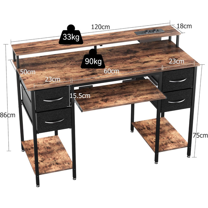 Ігровий стіл BEXEVUE з розетками та світлодіодним освітленням - 120x50 см Сучасний комп&39ютерний стіл з лотком для клавіатури, 4 двосторонні шухляди, велика полиця для зберігання речей для навчання, ігор, роботи, спальні, домашнього офісу 120 x 50 см Кор