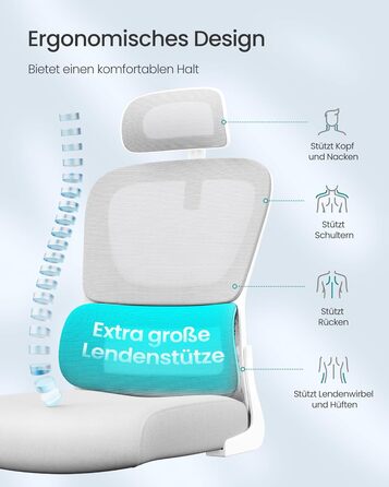 Офісний стілець SONGMICS, стілець для столу, ергономічний сітчастий стілець, з двошаровою сітчастою тканиною, повітропроникний, адаптивна поперекова підтримка, регульований підголівник, для домашнього офісу, колір голубий сірий OBN041G01 з підголівником