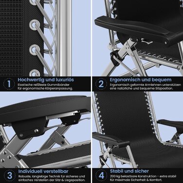 Складаний шезлонг ELONEO з преміальною подушкою, всепогодний шезлонг з вантажопідйомністю 200 кг, надзвичайно широкий садовий стілець, садовий шезлонг з регульованою спинкою, подушкою для шиї та тримачем для напоїв, антрацит