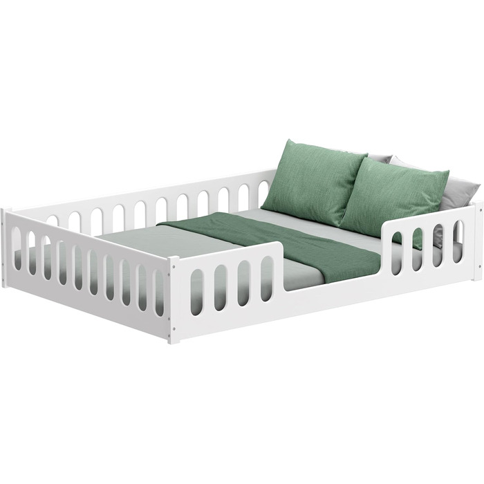 Дитяче ліжко 2-в-1 на підлозі 140x200 см Монтессорі зі знімними захисними поручнями - Біле, 46 кг, Вантажопідйомність до 200 кг, Надміцна згортається рейкова основа, Трансформоване 140 x 200 см Біле - 1 центральний вхід