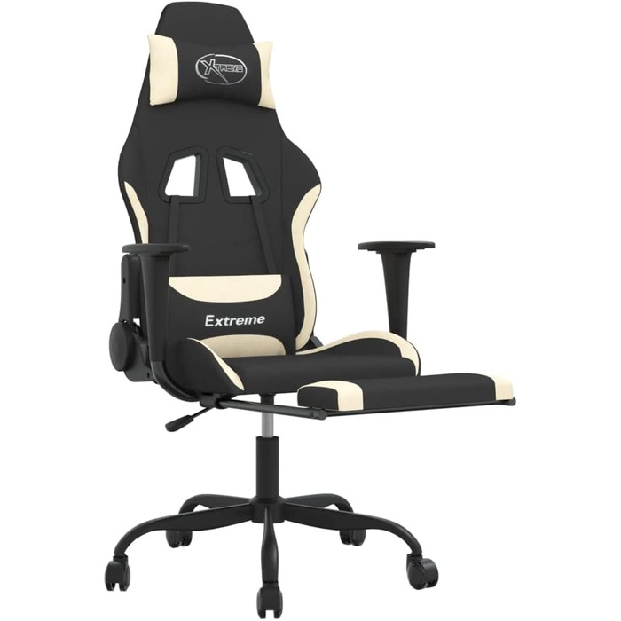 Геймерське крісло з підставкою для ніг, чорно-кремове, матеріал тканина, метал
